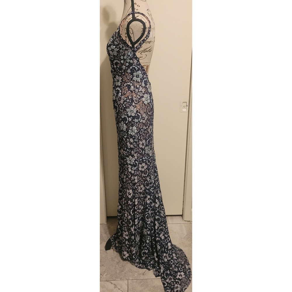 Jovani Navy Blue Lace Open Back Mermaid Prom Gown Silver Rhinestones Fitted sz 4 - Picture 9 of 16